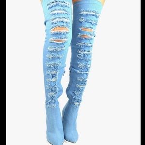 Women’s Sexy Ripped Denim Thigh High Boots